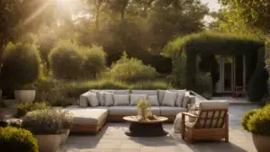a beautifully designed patio with comfortable outdoor furniture, overlooking a well-maintained garden, radiates under the evening sun.