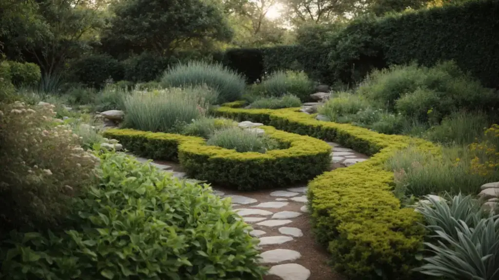a sprawling garden with native plants and a simple stone pathway weaving through.