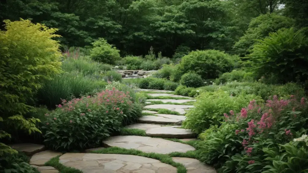 a lush, green garden in pennsylvania featuring native plants and a meandering stone path.