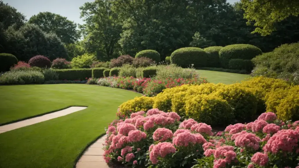 a pristine lawn with neatly trimmed bushes and vibrant flower beds under a clear blue sky in pennsylvania.