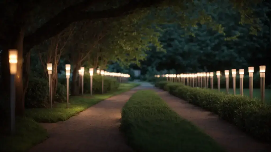a row of softly illuminated pathway lights leading through a serene garden at dusk.