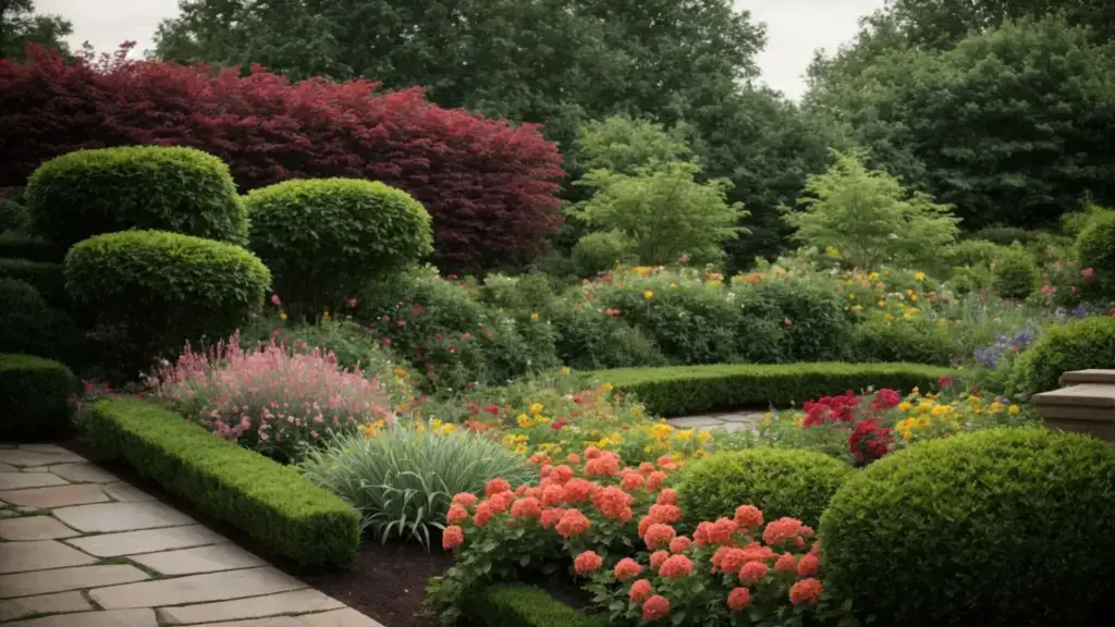 a lush pennsylvania backyard garden brimming with colorful flowers and neatly trimmed hedges, showcasing the art of landscape design.