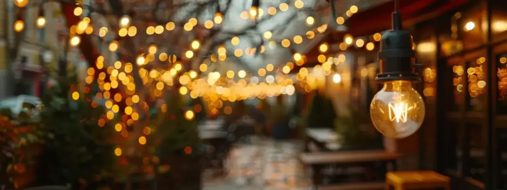 vibrant string lights casting a warm glow over a cozy outdoor patio in zelienople.