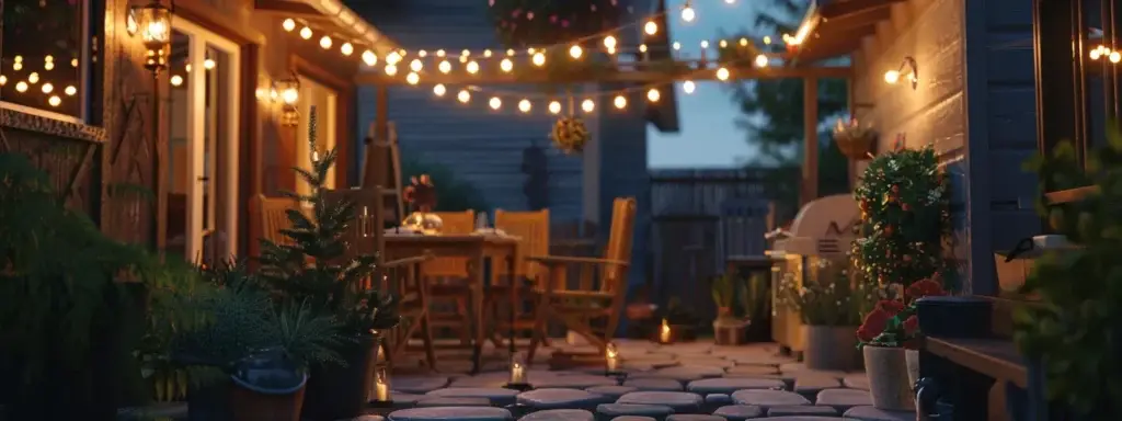 a cozy outdoor patio at dusk, illuminated by warm string lights hanging overhead.