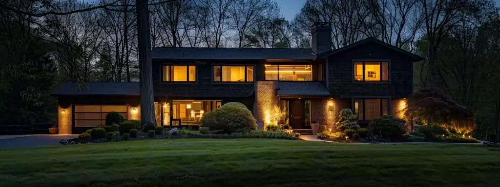 a modern zelienople home with sleek, energy-efficient outdoor lighting highlighting the architectural features and landscaping.