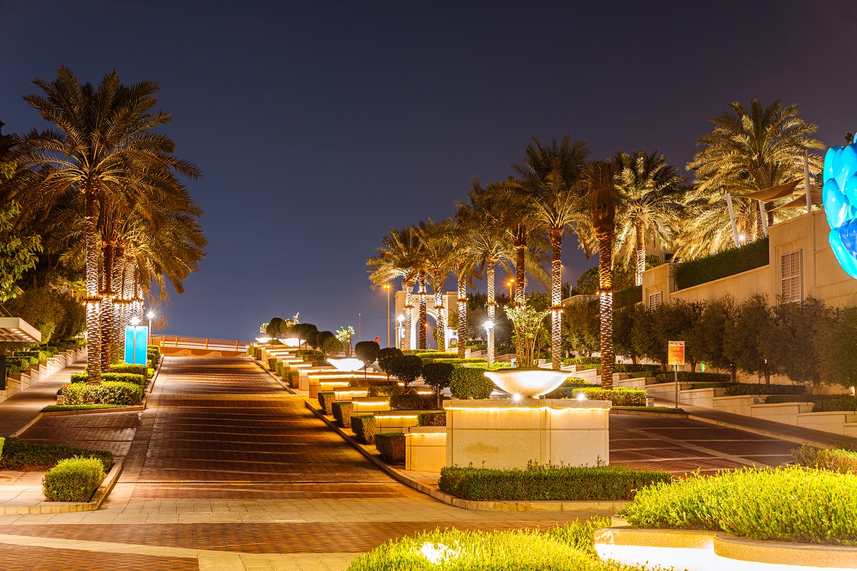 Palm lined commercial walkway and plaza lit at night with a stone fountain bowl