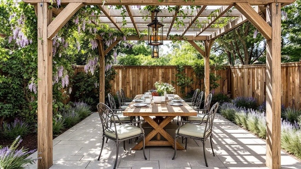 Wooden pergola with wisteria shading a long patio dining table and eight chairs