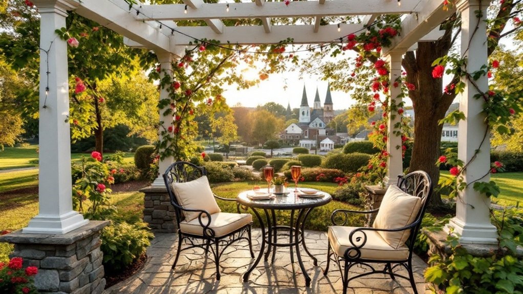 Vine-covered white pergola over a stone patio with bistro table set for dinner