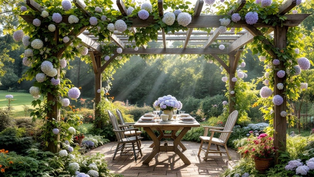 Rustic pergola draped in hydrangeas over a brick patio dining set in a garden