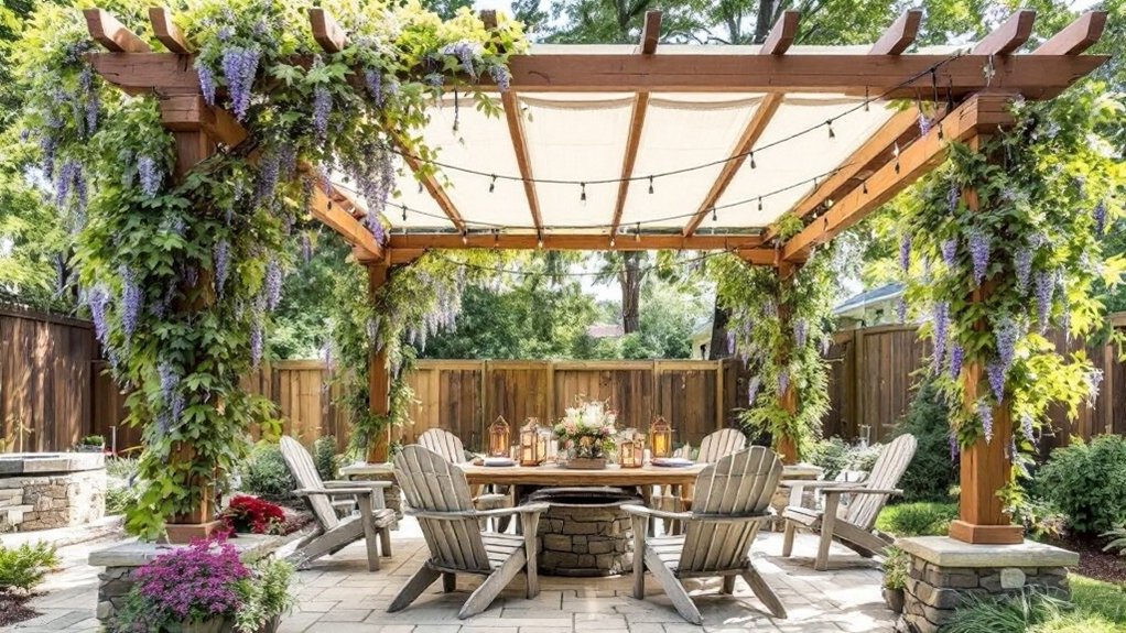 Cedar pergola with shade canopy over a paver patio, fire pit and Adirondack chairs