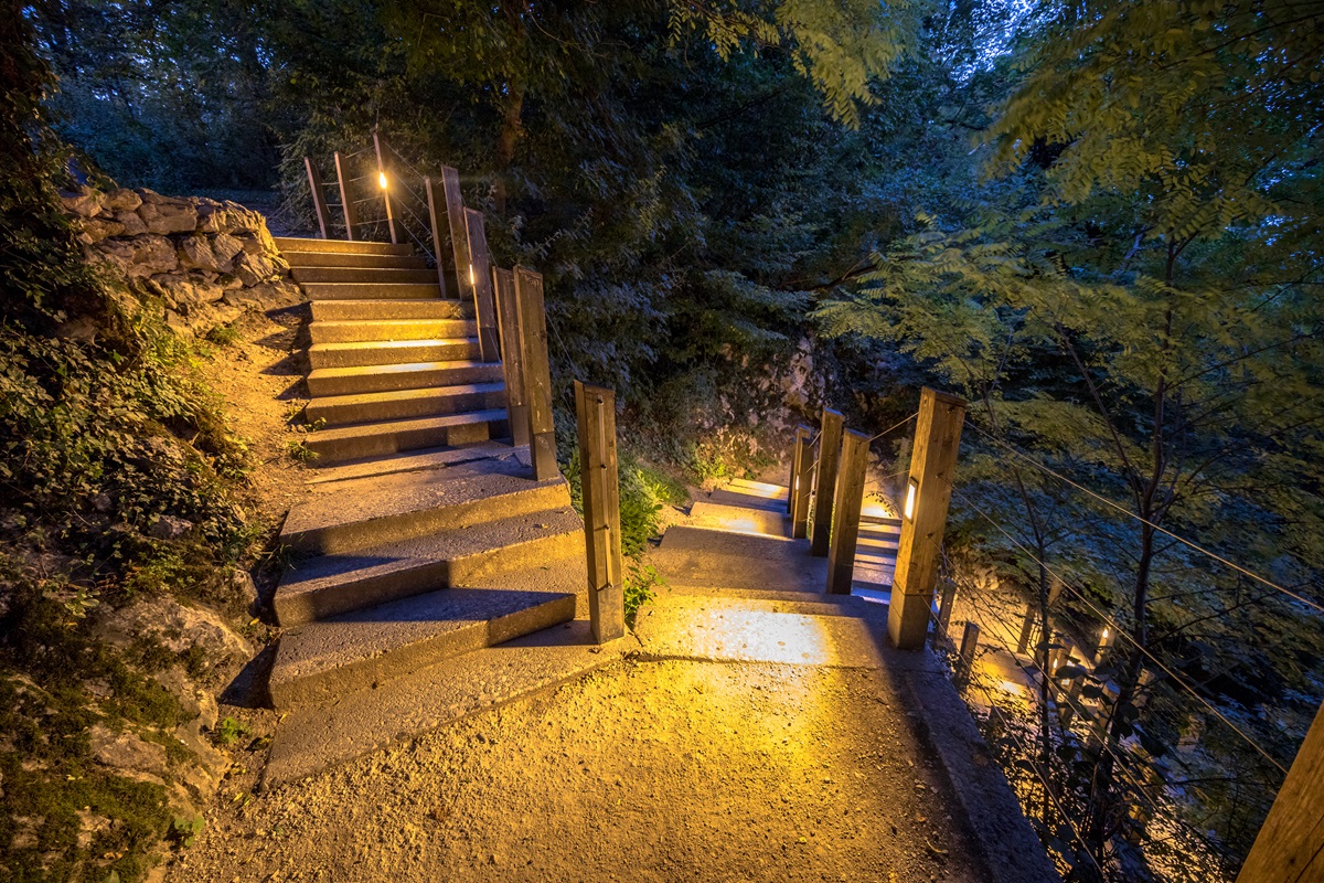 Concrete garden stairs on a wooded slope lit by recessed step and post lighting