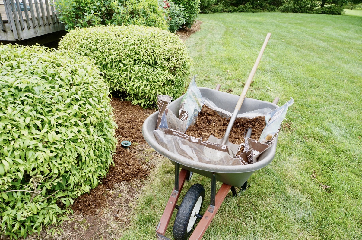 How Mulching Helps Maintain a Healthy Lawn in Zelienople, PA 3 Wheelbarrow of bagged mulch and a rake beside a freshly mulched shrub bed