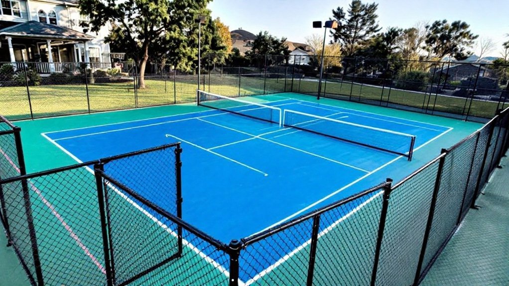 Fenced backyard pickleball court with blue playing surface and green surround