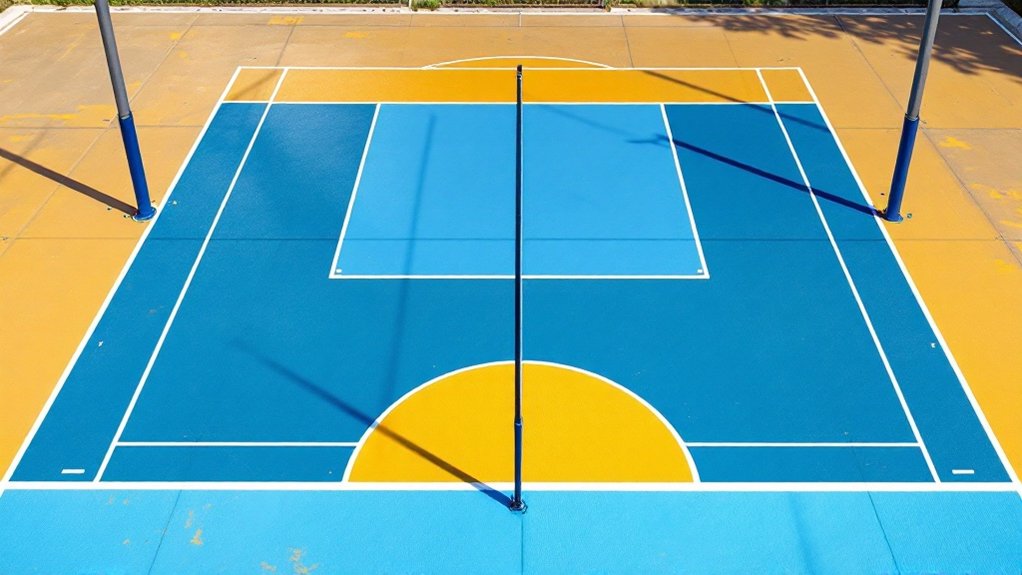 Multi-use court with overlapping blue and yellow lines and a center net post