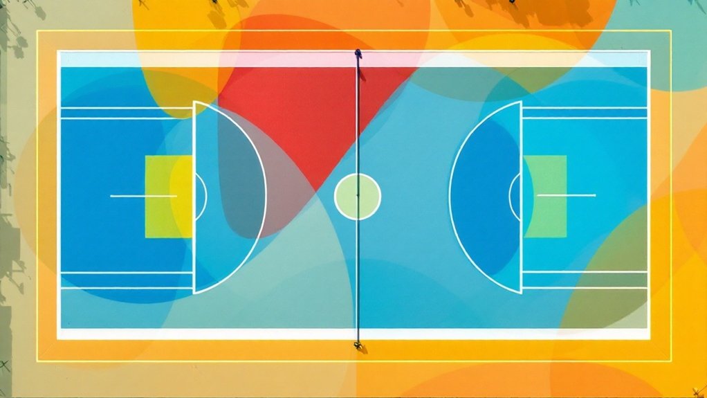 Overhead view of a multi-use sports court striped for basketball and pickleball