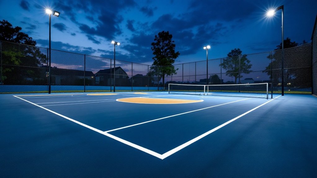 Backyard pickleball court lit by pole-mounted LED floodlights at dusk