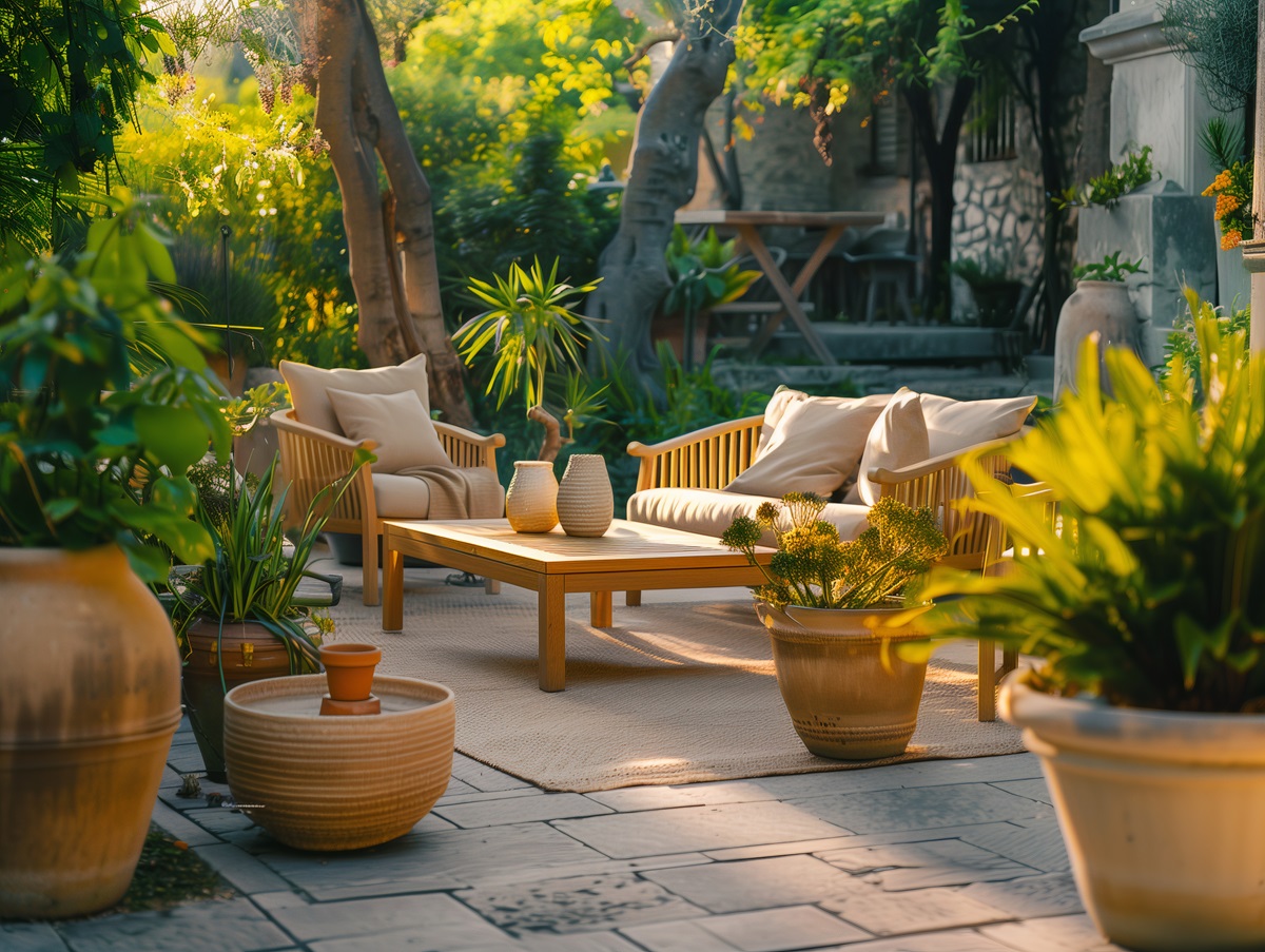 Cozy patio seating area with a wooden sofa, cushions and potted plants at dusk