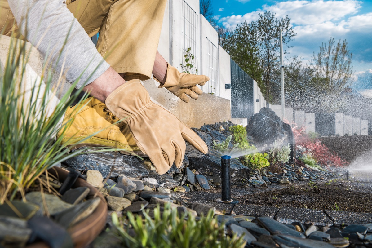 Gloved worker adjusting a pop up sprinkler head while the irrigation system runs
