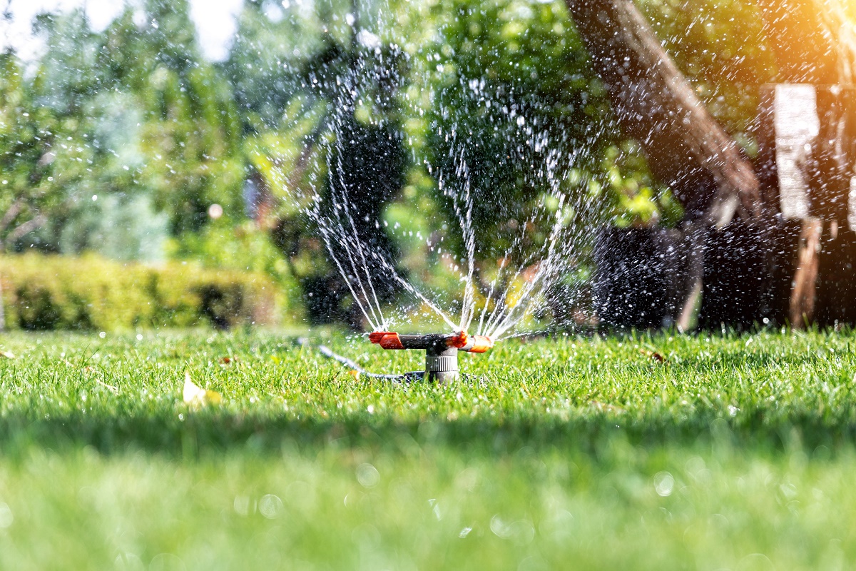 Rotary lawn sprinkler spraying water across a green lawn
